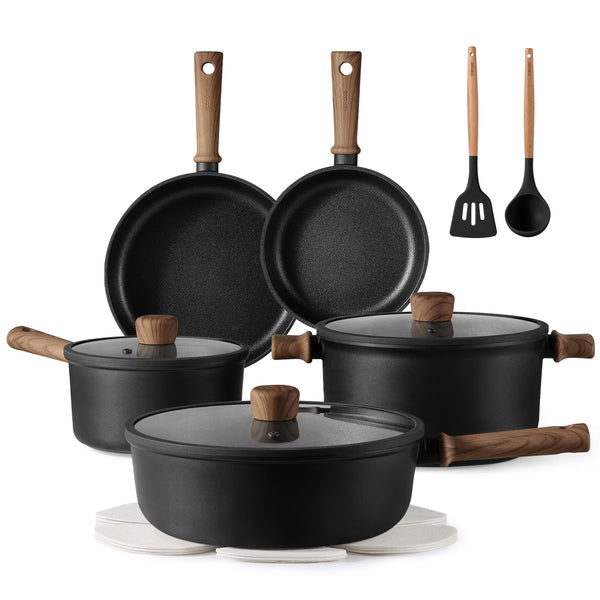 Carote 13-Pcs Nonstick Cookware Sets, Pots and Pans with Stay Cool Handles, Induction Compatible Kitchen Set, (Black)